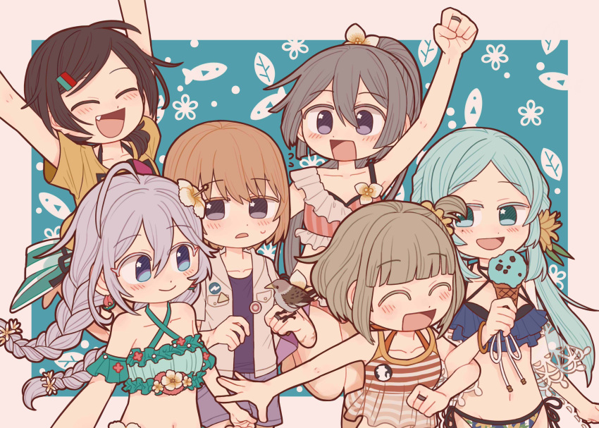 6+girls :d absurdres ahoge alternate_costume animal_on_hand aoba_chika aqua_bikini bangs bikini bikini_under_clothes bird black_bikini black_choker blue_background blue_bikini blue_eyes blue_hair blue_shorts blunt_bangs blush border braid breast_pocket brown_hair cantaurus choker closed_eyes commentary criss-cross_halter detached_sleeves dot_nose earrings fish flower flower_earrings frilled_bikini frilled_shirt frilled_sleeves frills grey_hair hair_between_eyes hair_flower hair_ornament hairclip halterneck hibiscus highres hiroe_chiharu jacket jewelry leaf light_brown_hair long_hair looking_at_another low_ponytail magia_record:_mahou_shoujo_madoka_magica_gaiden mahou_shoujo_madoka_magica medium_hair miura_asahi multiple_girls natsu_ryouko official_alternate_costume one_side_up orange_hair outside_border parted_bangs pin pink_bikini pocket ponytail purple_eyes purple_shirt red_bikini red_flower ring scar scar_on_arm see-through see-through_shirt shirt short_hair short_sleeves shorts sidelocks simple_background sleeveless sleeveless_shirt smile striped striped_bikini striped_shirt swept_bangs swimsuit symbol-only_commentary toki_sunao tokime_shizuka twin_braids twintails vertical-striped_bikini vertical_stripes very_long_hair white_border white_jacket yellow_flower yellow_shirt