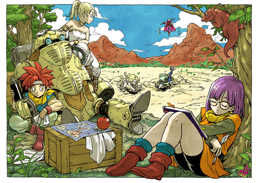 3girls absurdres ayla_(chrono_trigger) bare_shoulders bike_shorts blonde_hair breasts choker chrono_trigger closed_mouth crono_(chrono_trigger) ebiten_(ebi10d) english_commentary frog_(chrono_trigger) full_body glasses headband highres jewelry long_hair lucca_ashtear magus_(chrono_trigger) marle_(chrono_trigger) multiple_girls open_mouth ponytail purple_hair red_hair robo_(chrono_trigger) robot scarf short_hair spiked_hair weapon
