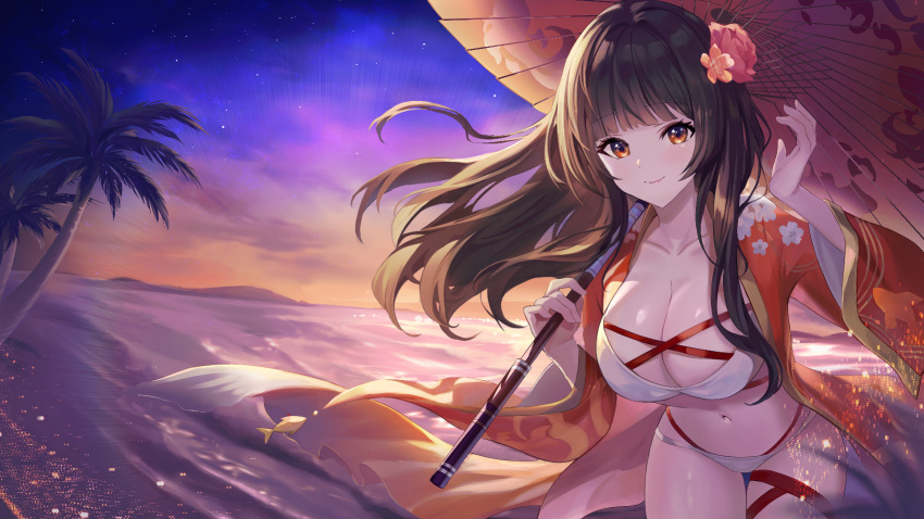 1girl akashic_chronicle bangs beach bikini breasts brown_eyes brown_hair cleavage closed_mouth cloud cloudy_sky doco_(doco3811) flower hair_flower hair_ornament highres holding holding_umbrella jacket long_hair long_sleeves mobile_legends:_bang_bang navel night night_sky oil-paper_umbrella orange_jacket outdoors palm_tree pink_flower pink_rose rose sand sky smile solo sunset swimsuit tree umbrella water white_bikini