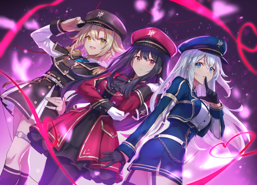 3girls :d arm_up armband bangs black_dress black_gloves black_hair black_headwear black_pantyhose black_socks black_thighhighs blue_eyes blue_headwear blue_jacket blue_skirt breasts brown_hair commentary_request cropped_jacket dress epaulettes finger_to_mouth garter_straps gloves grey_hair hair_between_eyes hand_on_headwear hand_on_hip hat jacket juliet_sleeves kneehighs liebe long_hair long_sleeves medium_breasts multiple_girls o-ring original pantyhose parted_lips peaked_cap puffy_sleeves red_eyes red_headwear red_jacket shirt skirt smile socks thighhighs very_long_hair white_gloves white_shirt yellow_eyes