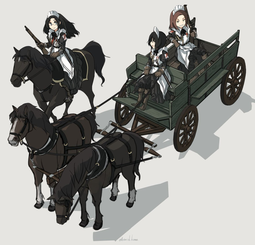 3girls alicia_cole apron asterisk_kome bolt_action brown_hair gina_wallace gloves gun holding holding_weapon horse horseback_riding long_hair maid maid_apron maid_headdress marie_gardner multiple_girls open_mouth original reins riding rifle scabbard sheath short_hair smile stirrups sword wagon weapon