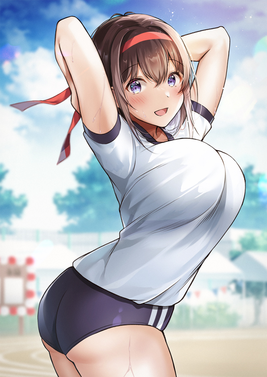 1girl :d arms_up ass bangs black_buruma blue_sky blurry blurry_background blush breasts brown_hair buruma cloud commentary_request day fence gym_shirt gym_uniform hachimaki hair_between_eyes headband highres large_breasts looking_at_viewer open_mouth original outdoors purple_eyes school_uniform shiro_kuma_shake shirt short_sleeves sky smile solo sweat track_and_field tree twisted_torso white_shirt