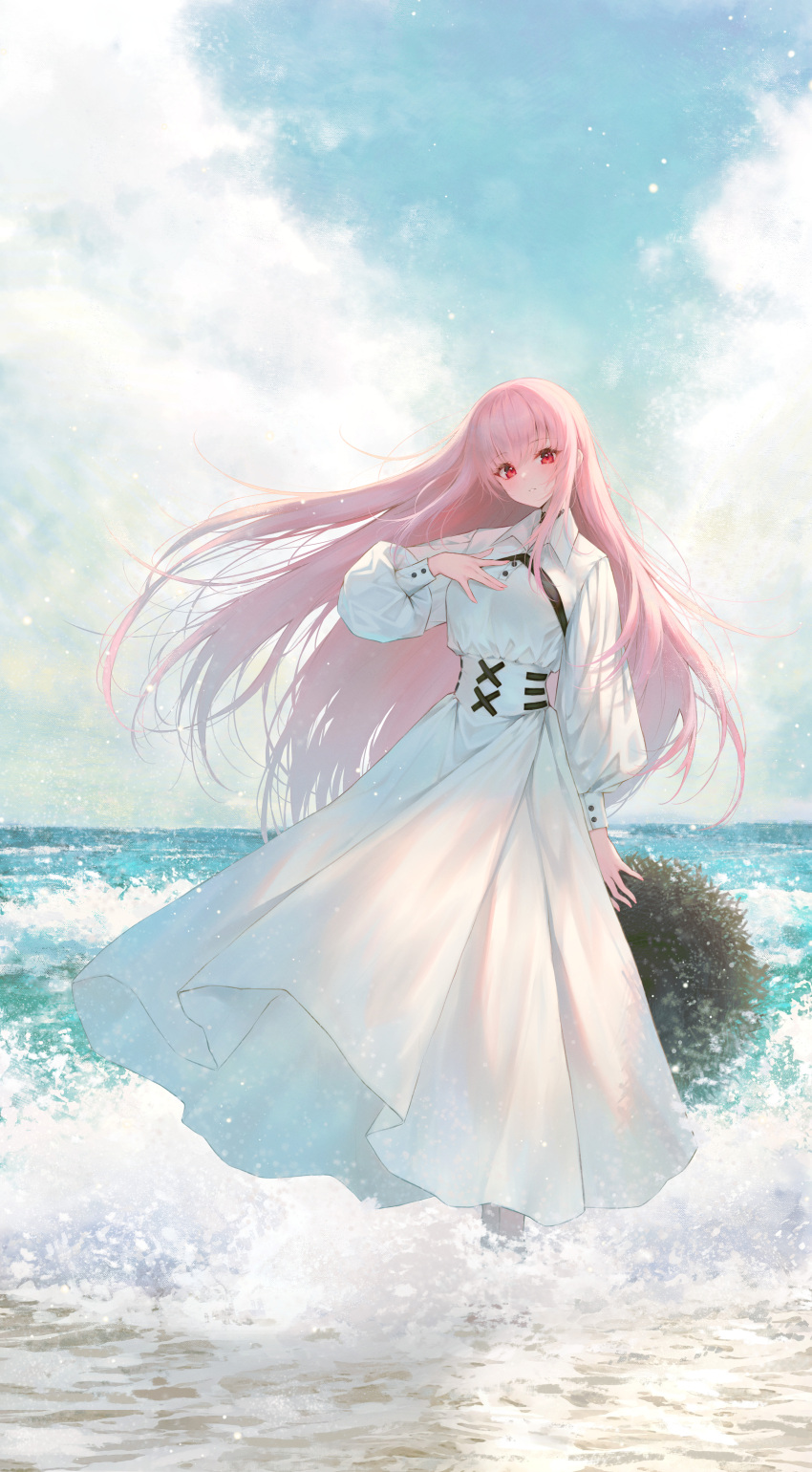 1girl absurdres arm_at_side bangs cloud cloudy_sky collared_dress day dress hand_up highres hololive hololive_english ijac_ray long_dress long_hair long_sleeves looking_at_viewer mori_calliope ocean outdoors parted_lips pink_hair puffy_long_sleeves puffy_sleeves red_eyes sky solo very_long_hair virtual_youtuber white_dress