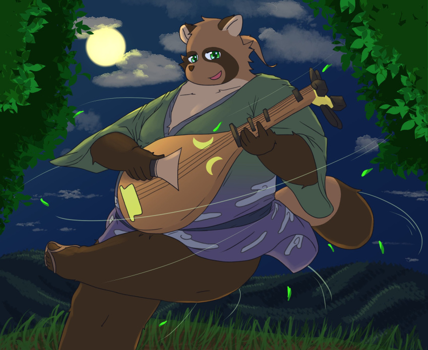 2022 anthro bari_mu brown_body canid canine detailed_background hi_res japanese_text kemono male mammal moon mountain musical_instrument night outside overweight overweight_male plant raccoon_dog solo tanuki text tree