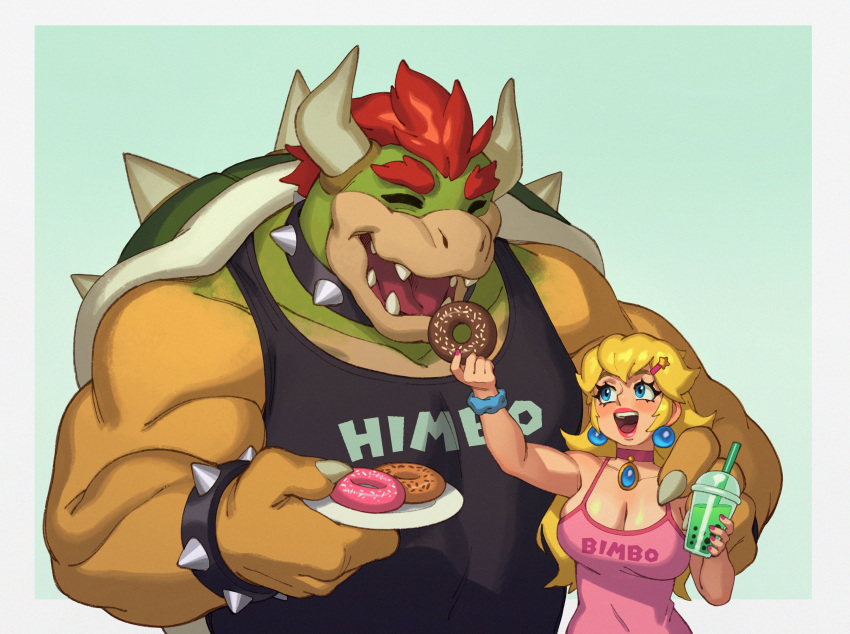 2022 anthro black_clothing black_topwear blonde_hair blue_eyes bowser breasts claws cleavage clothed clothing collarbone dessert doughnut duo eating english_text eyebrows eyes_closed female finger_claws fingers food front_view green_body green_scales hair hand_on_shoulder hi_res holding_doughnut holding_plate human koopa larger_anthro larger_male lips looking_up male mammal mario_bros nintendo pink_clothing pink_topwear plate princess_peach red_eyebrows red_hair rizdraws scales scalie shell shirt size_difference smaller_female smaller_human spiked_shell spikes spikes_(anatomy) teeth text text_on_clothing text_on_shirt text_on_topwear tongue topwear video_games