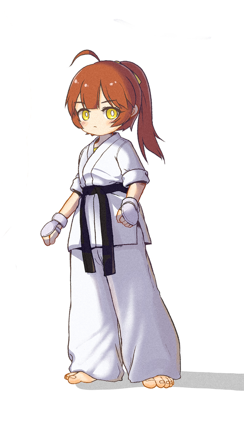 1girl ahoge bangs barefoot belt black_belt blush closed_mouth dougi gloves highres karate karate_gi kuma-bound long_hair looking_at_viewer orange_hair original ponytail short_sleeves sidelocks simple_background solo toes white_background white_gloves yellow_eyes