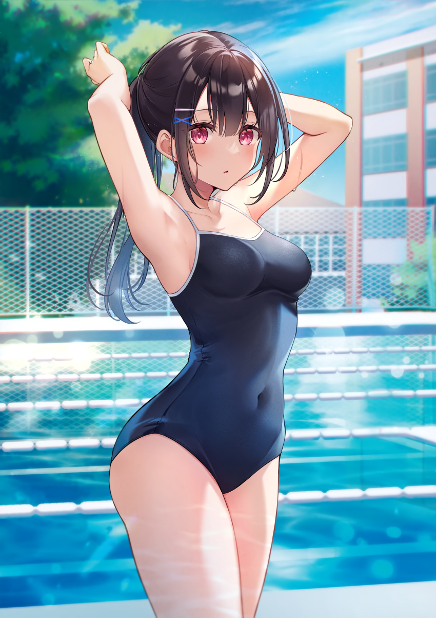 1girl absurdres arms_up bangs bare_arms blue_sky blush breasts brown_hair day highres kisaragi_yuri long_hair looking_at_viewer medium_breasts nvel one-piece_swimsuit original outdoors parted_lips pool poolside purple_eyes scan school_swimsuit shiny shiny_hair simple_background sky solo stomach swimsuit thighs water