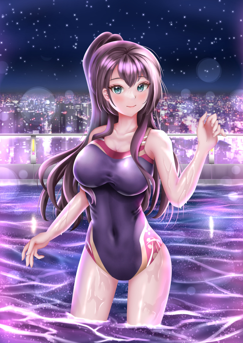 1girl aqua_eyes assault_lily bangs bare_arms bare_shoulders black_one-piece_swimsuit blurry blurry_background blush breasts brown_hair city cleavage closed_mouth collarbone commentary competition_swimsuit covered_navel cowboy_shot floral_print hand_up high_ponytail highres imai_tomohiro large_breasts long_hair looking_at_viewer night night_sky official_alternate_costume one-piece_swimsuit outdoors ponytail pool print_swimsuit red_one-piece_swimsuit rooftop serizawa_chikaru sidelocks sky skyline smile solo standing star_(symbol) swimsuit two-tone_swimsuit wading wet