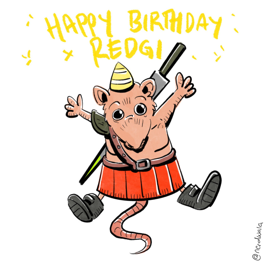 2022 4_fingers anthro biped birthday_hat clothing english_text fingers hat headgear headwear hi_res humanoid_hands male mammal murid murine nerdwala rat redgi_(tails_of_iron) rodent simple_background solo tails_of_iron text video_games weapon white_background