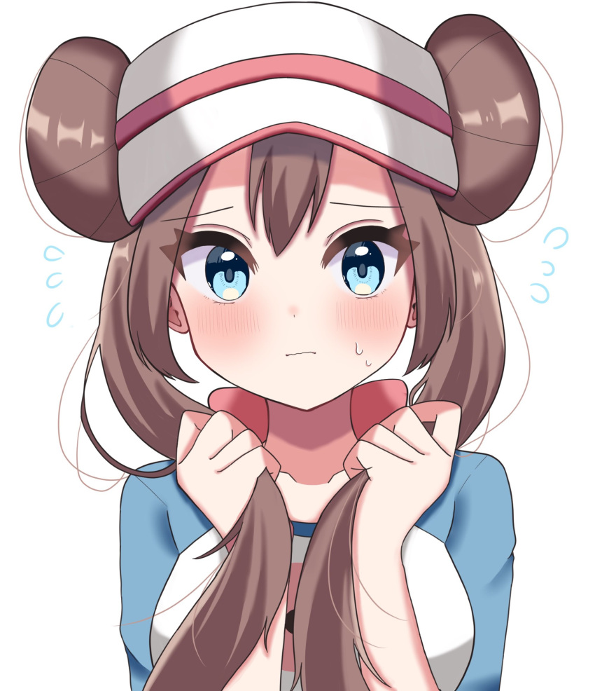 1girl api_peko bangs blue_eyes blush brown_hair bunching_hair closed_mouth commentary_request double_bun doughnut_hair_bun flying_sweatdrops hair_bun hands_up highres long_hair pokemon pokemon_(game) pokemon_bw2 raglan_sleeves rosa_(pokemon) solo sweat twintails upper_body visor_cap white_background