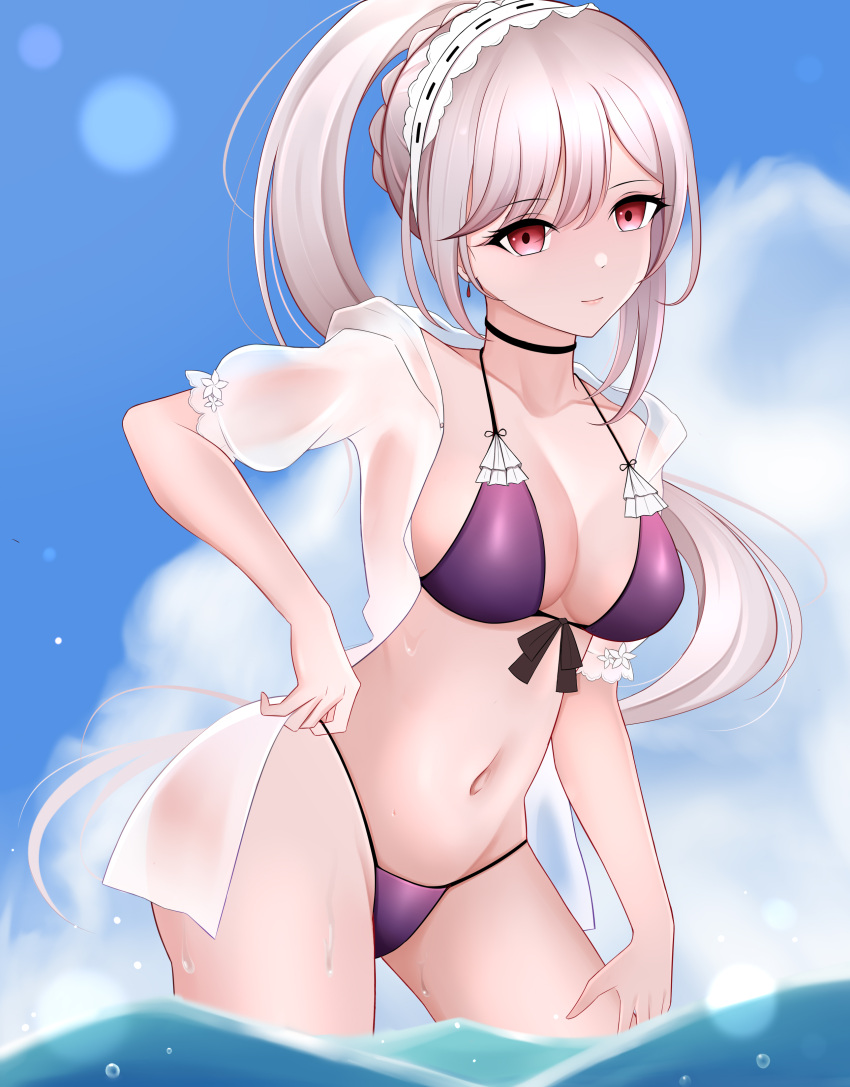 1girl absurdres azur_lane bikini black_choker breasts chinese_commentary choker contrapposto day dunkerque_(azur_lane) dunkerque_(summer_sucre)_(azur_lane) earrings front-tie_bikini_top front-tie_top grey_hair hair_ornament high_ponytail highres jewelry lens_flare long_hair looking_at_viewer medium_breasts mr2ran navel outdoors puffy_short_sleeves puffy_sleeves purple_bikini red_eyes see-through short_sleeves solo swimsuit very_long_hair wading water