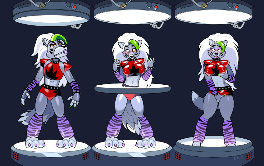 2022 3_toes absurd_res animatronic anthro big_breasts blackshirtboy bottomwear breast_growth breasts canid canine canis clothing digital_media_(artwork) ear_piercing ear_ring feet female five_nights_at_freddy's five_nights_at_freddy's:_security_breach fur glistening glistening_body grey_body grey_fur growth hair hand_on_breast hi_res inanimate_to_anthro looking_down machine mammal masturbation nipple_outline piercing red_bottomwear red_clothing red_shorts ring_piercing robot roxanne_wolf_(fnaf) scottgames sequence shorts smile solo standing surprise toes transformation transformation_ring video_games white_hair wolf
