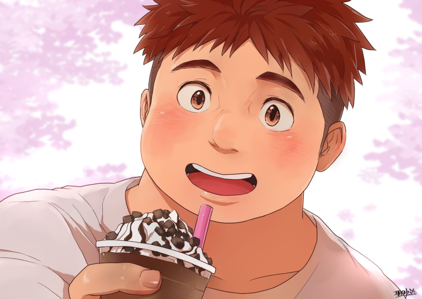 1boy :d blush cherry_blossoms chocolate_syrup commentary_request drinking_straw food highres hijirino_yuuta holding holding_food ice_cream incoming_food looking_at_viewer plump red_eyes red_hair ryota_(housamo) shirt short_hair sideburns signature smile solo sundae teeth tokyo_afterschool_summoners undercut upper_teeth whipped_cream white_shirt