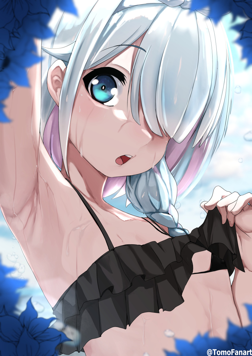 1girl :o absurdres arm_up armpits arona_(blue_archive) bikini bikini_lift black_bikini blue_archive blue_eyes blue_flower blue_hair blush braid breasts clothes_lift collarbone day flower hair_over_one_eye highres layered_bikini lifted_by_self long_hair looking_at_viewer multicolored_hair open_mouth outdoors pink_hair side_braid small_breasts solo swimsuit tomodachi_(tomofanart) twitter_username two-tone_hair upper_body wet