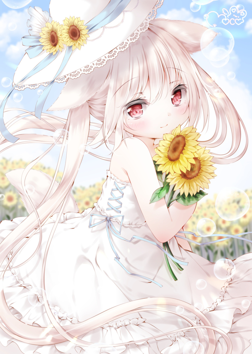 1girl animal_ears bangs blue_ribbon blue_sky blurry blurry_background blush bubble child cloud cloudy_sky commentary_request dress flower from_side hat hat_ribbon highres holding holding_flower long_hair looking_at_viewer moco_ofuton original outdoors red_eyes ribbon sidelocks sky smile solo sunflower tail very_long_hair white_dress white_hair white_headwear