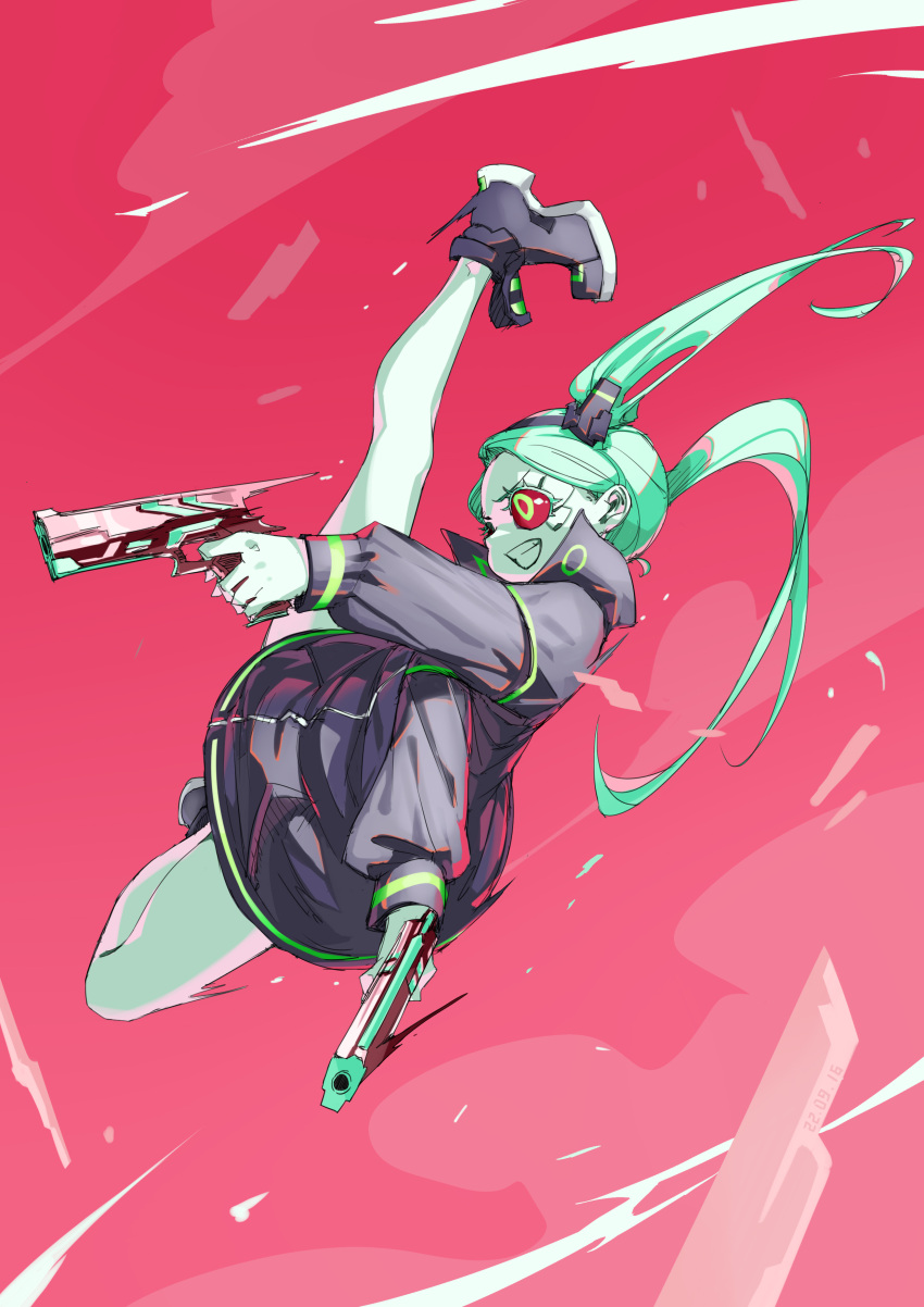 1girl absurdres artificial_eye colored_sclera colored_skin cyberpunk_(series) cyberpunk_edgerunners dual_wielding full_body green_hair grin gun highres holding midair outstretched_arms rebecca_(cyberpunk_edgerunners) red_background red_sclera samurai_jacket_(cyberpunk_2077) shoes simple_background smile solo weapon yazato_ichimushi