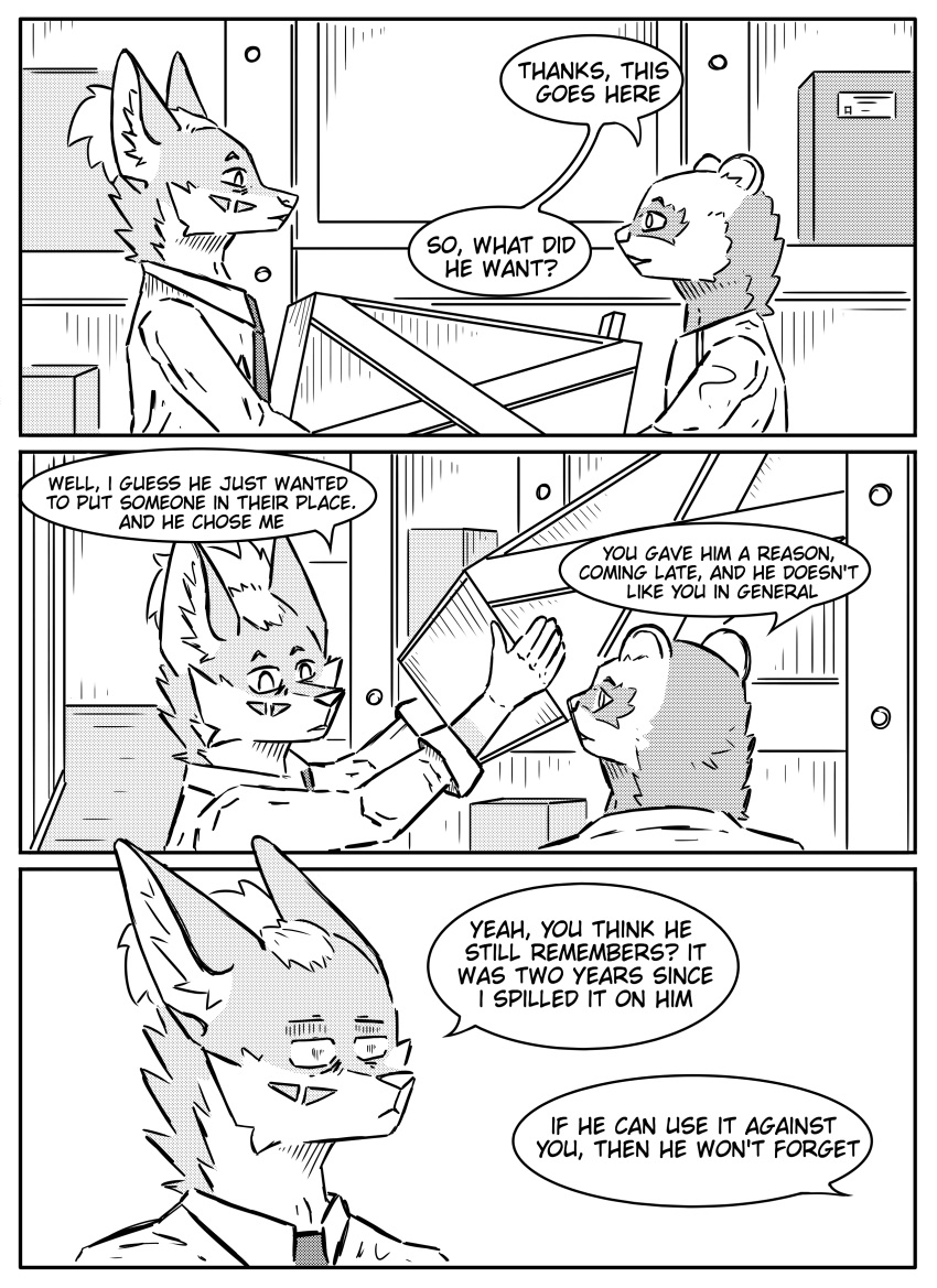 absurd_res ambiguous_gender anthro black_and_white box clothed clothing comic container dialogue duo hi_res inner_ear_fluff inside jeff_(kifyun2) kif_yppreah kifyun2 monochrome simple_background speech_bubble text tuft warehouse