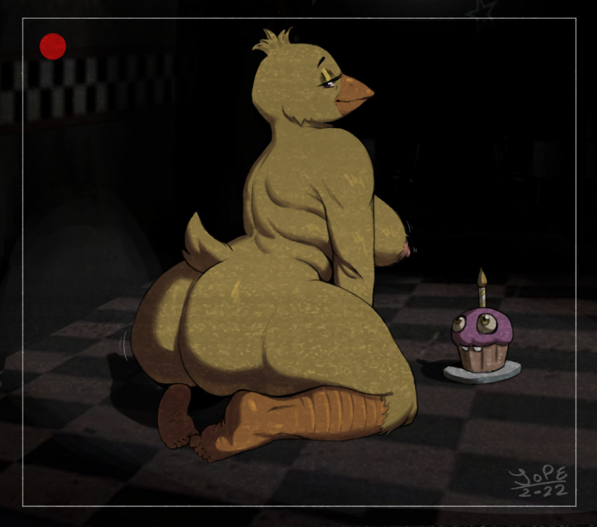 2022 alternate_form alternate_species anthro anthrofied avian beak belly big_breasts big_butt bird breasts butt chica_(fnaf) chicken cupcake_(fnaf) curvy_figure digital_media_(artwork) feathered_wings feathers female fingers five_nights_at_freddy's galliform gallus_(genus) jope_pame looking_at_viewer looking_back looking_back_at_viewer nipples non-mammal_breasts orange_beak overweight overweight_anthro overweight_female phasianid purple_eyes scottgames signature simple_background slightly_chubby slightly_chubby_anthro slightly_chubby_female smile solo thick_thighs video_games wide_hips wings yellow_body yellow_eyes yellow_feathers yellow_skin