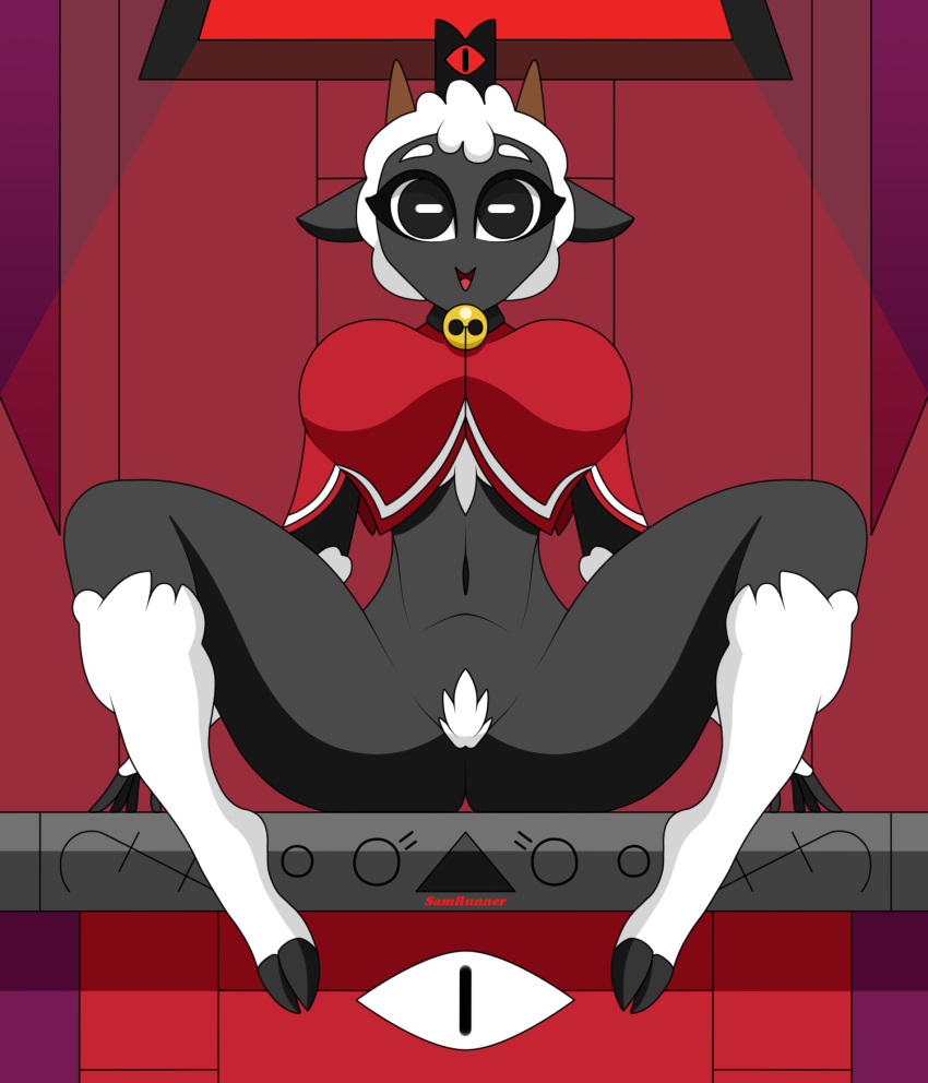 anthro big_breasts black_body bovid breasts caprine clothing cult_of_the_lamb female fur hi_res jewelry lamb_(cult_of_the_lamb) legwear looking_at_viewer mammal necklace red_clothing red_crown_(cult_of_the_lamb) samrunner sheep solo spread_legs spreading thick_thighs thigh_highs white_body white_fur