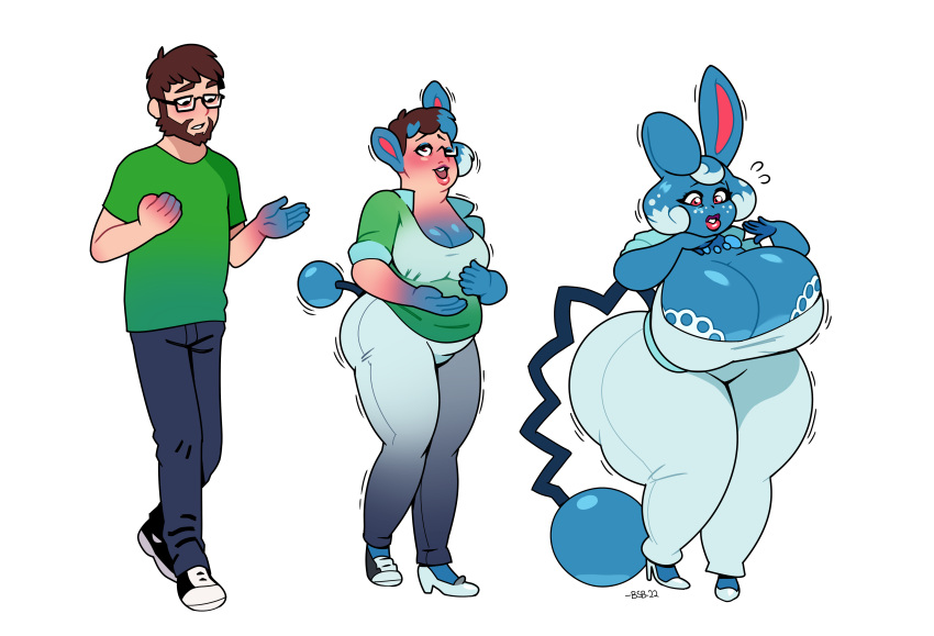 2022 absurd_res anthro azumarill beard big_breasts blackshirtboy blue_body bottomwear breast_growth breasts brown_hair butt butt_expansion clothing curvy_figure digital_media_(artwork) expansion eyewear facial_hair female gender_transformation generation_2_pokemon glasses green_clothing green_shirt green_topwear growth hair hi_res huge_breasts human human_to_anthro jewelry male mammal mtf_transformation nintendo pants pokemon pokemon_(species) shirt simple_background solo species_transformation surprise tail_growth topwear transformation video_games voluptuous white_background white_high_heels wide_hips