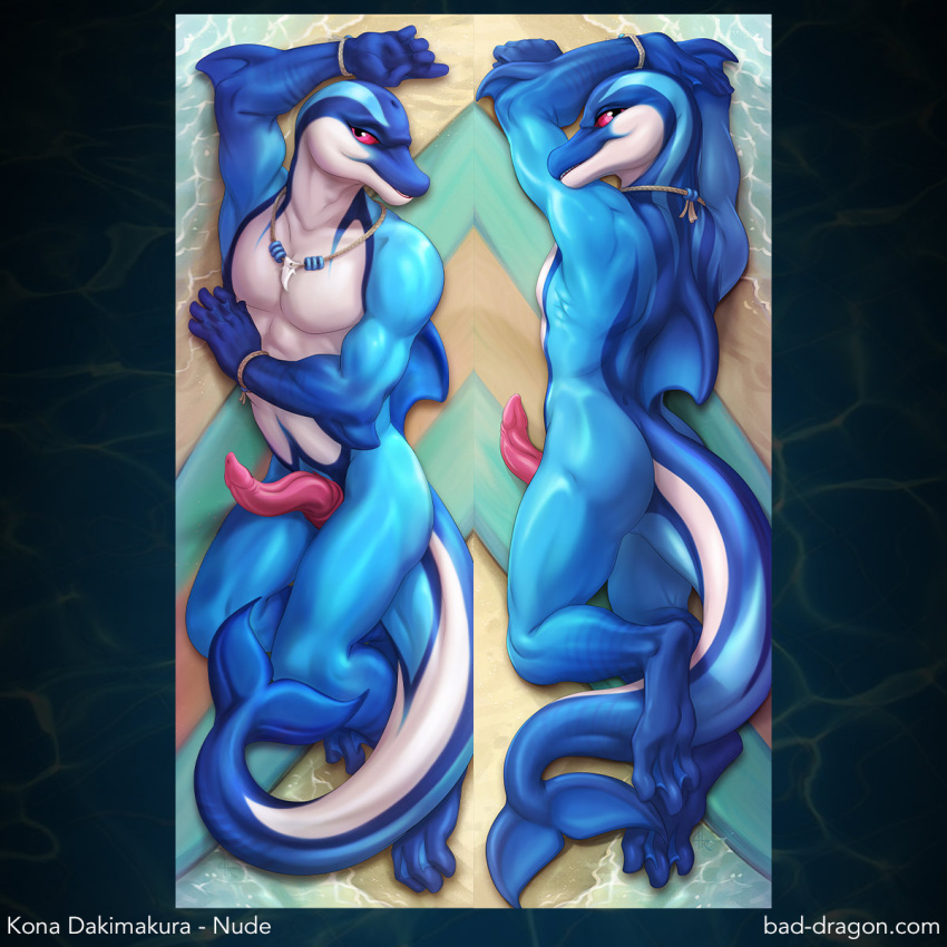 anatomically_correct anatomically_correct_genitalia anatomically_correct_penis anthro bad_dragon cetacean dakimakura_design delphinoid genitals hi_res jewelry kona_(bad_dragon) male mammal marine necklace penis seaside solo surfboard toothed_whale unknown_artist water wristband