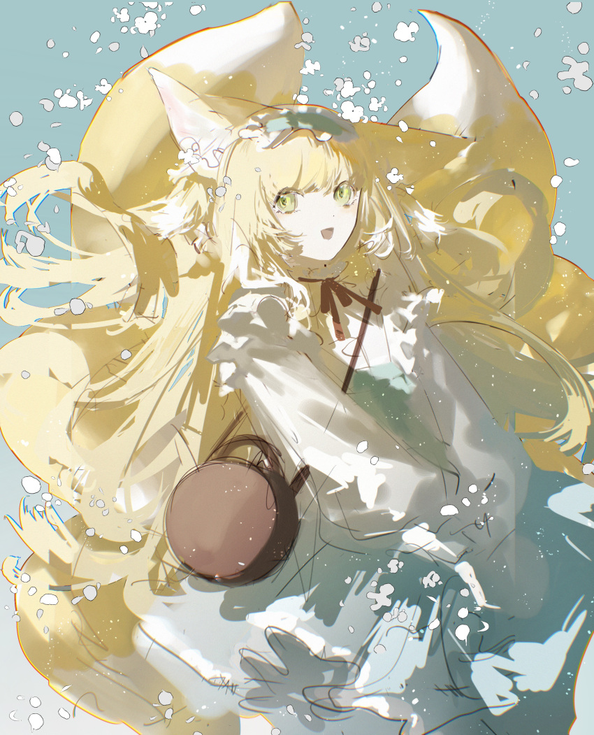 1girl :d absurdres animal_ears arknights bag blonde_hair blue_background blue_hairband brown_bag cowboy_shot dress floating_hair fox_ears fox_girl fox_tail frilled_hairband frills green_dress green_eyes hairband highres kitsune long_hair long_sleeves multiple_tails neck_ribbon official_alternate_costume open_mouth red_ribbon ribbon ruagi satchel shoulder_bag simple_background sketch smile solo suzuran_(praise_spring)_(arknights) tail