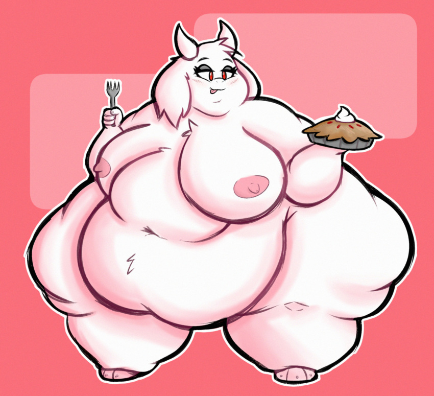 anthro areola belly big_belly big_breasts blush boss_monster bovid breasts caprine cutlery dessert female food fork goat half-closed_eyes holding_food holding_fork holding_object holding_pie horn huge_breasts huge_thighs hyper hyper_belly hyper_hips hyper_thighs kitchen_utensils mammal narrowed_eyes navel nipples nude obese obese_anthro obese_female overweight overweight_anthro overweight_female pie pink_areola pink_nipples red_eyes solo syrupsunset thick_thighs tongue tongue_out tools toriel undertale undertale_(series) video_games white_body wide_hips