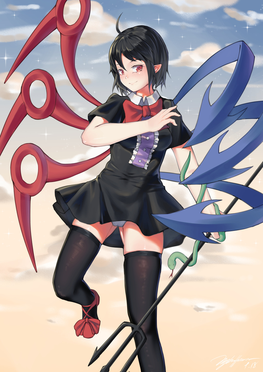 1girl absurdres ahoge ass_visible_through_thighs asymmetrical_wings black_dress black_hair black_thighhighs blue_wings blush bow bowtie breasts buttons center_frills cloud collared_dress dress foot_out_of_frame footwear_bow frills gradient_sky hand_up highres holding_trident houjuu_nue littiecy looking_at_viewer medium_breasts panties pantyshot pointy_ears polearm red_bow red_bowtie red_eyes red_footwear red_wings shoes short_dress short_hair short_sleeves skindentation sky sky_background smile snake solo star_(sky) starry_sky thighhighs touhou trident twilight underwear weapon white_panties wings