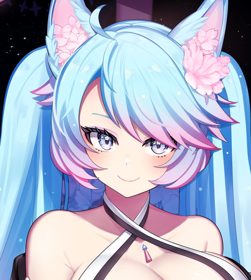 1girl akagi_(sk0127aho) animal_ear_fluff animal_ears bangs blue_eyes blue_hair blush breasts cleavage commentary english_commentary flower-shaped_pupils halterneck highres large_breasts long_hair looking_at_viewer multicolored_hair pink_hair silvervale smile streaked_hair swept_bangs symbol-shaped_pupils twintails virtual_youtuber vshojo wolf_ears wolf_girl