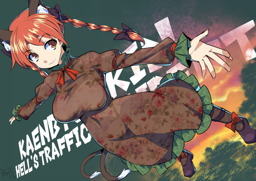 1girl animal_ears bow braid breasts cat_ears cat_tail character_name dress dutch_angle floral_print from_above highres kaenbyou_rin large_breasts looking_to_the_side multiple_tails outstretched_arms parted_lips red_hair solo tail teeth touhou twin_braids two_tails umigarasu_(kitsune1963)