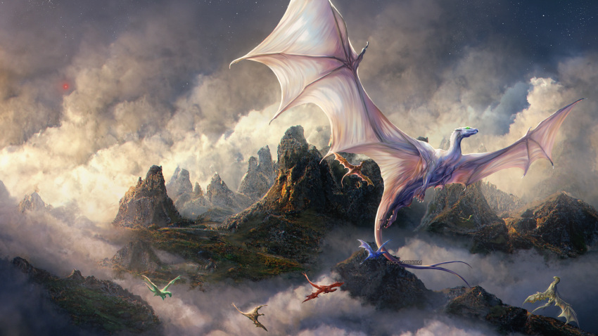 2022 claws day detailed_background digital_media_(artwork) dragon feral group hi_res horn isvoc membrane_(anatomy) membranous_wings outside scales scalie sky spines western_dragon wings