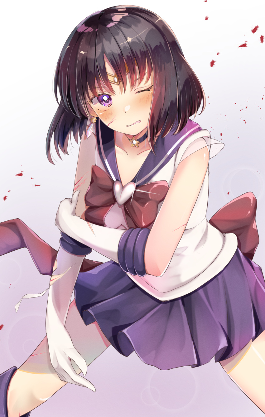 1girl absurdres bangs bishoujo_senshi_sailor_moon black_hair blue_choker blue_sailor_collar blue_skirt blush bow choker collarbone commentary_request elbow_gloves gloves highres injury legs_apart looking_at_viewer magical_girl one_eye_closed parted_lips pleated_skirt purple_eyes purple_skirt red_bow sailor_collar sailor_saturn sailor_senshi_uniform school_uniform scratches serafuku shirt skirt sleeveless sleeveless_shirt solo standing star_(symbol) star_choker tomoe_hotaru white_gloves white_shirt yuunamida_uyu