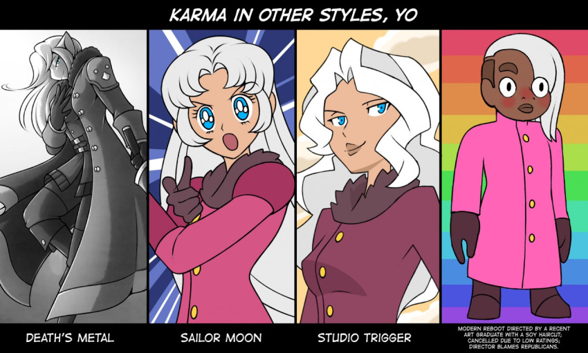 anime_eyes anthro cal_arts canid canine cartoon_network clothing coat dark_body dark_skin female fox hair human humor karma_faye looking_at_viewer mammal marik_azemus34 rainbow_pride_colors sailor_moon_(series) solo steven_universe studio_trigger text the_truth topwear