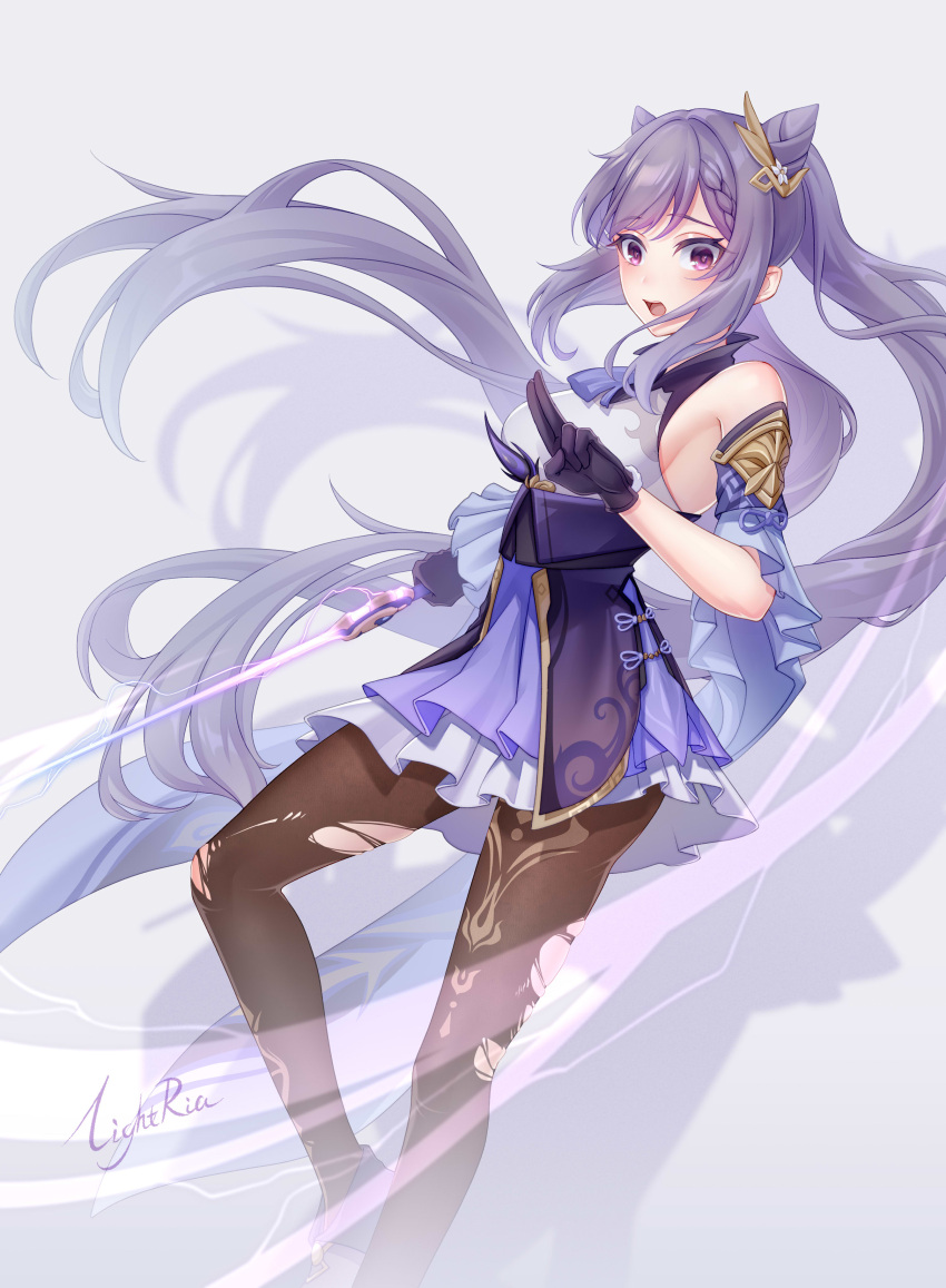 1girl absurdres bangs bare_shoulders black_gloves breasts brown_pantyhose cone_hair_bun detached_sleeves foot_out_of_frame genshin_impact gloves grey_background hair_bun highres holding holding_sword holding_weapon keqing_(genshin_impact) large_breasts lightria long_hair looking_at_viewer miniskirt open_mouth pantyhose pleated_skirt purple_eyes purple_hair purple_skirt shirt simple_background skirt sleeveless sleeveless_shirt solo sword torn_pantyhose twintails very_long_hair weapon white_shirt