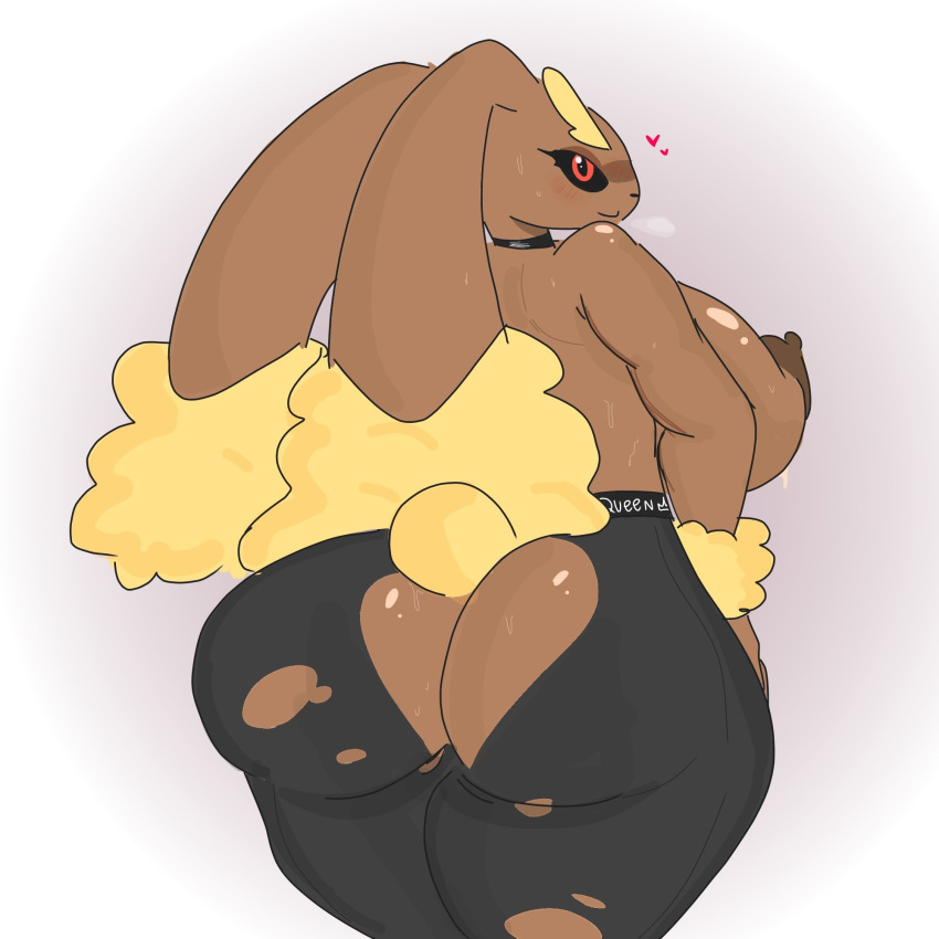 anthro big_butt brown_body butt clothed clothing errorplush female generation_4_pokemon grey_background hi_res looking_at_viewer looking_back lopunny nintendo pokemon pokemon_(species) rear_view red_eyes simple_background solo thick_thighs video_games