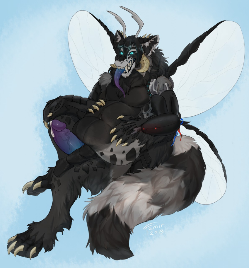 2019 anthro arthropod belly big_belly big_fangs black_body black_ears black_hair black_inner_ear_fluff black_sclera blue_eyes blue_penis blue_tongue dated dragon erection famir_(artist) full-length_portrait fur genitals grey_body grey_fur hair hi_res humanoid_genitalia humanoid_penis hybrid inner_ear_fluff insect insect_wings lepidopteran male moth navel nude overweight overweight_anthro overweight_male penis portrait precum_on_own_penis prosthetic prosthetic_arm prosthetic_limb pupils purple_penis purple_tongue signature simple_background sitting slit_pupils solo three-quarter_view tongue tongue_out tuft vein veiny_penis wings