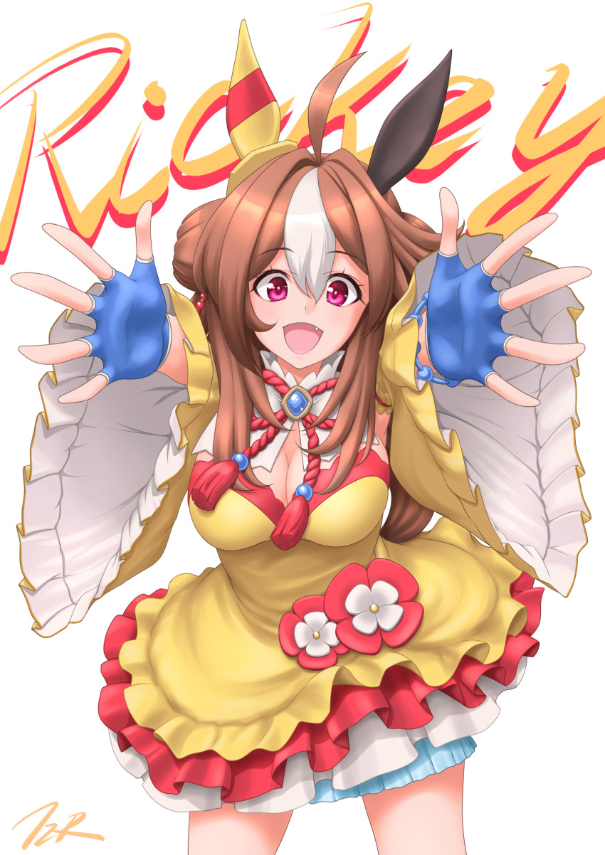 1girl ahoge artist_name blue_gloves breasts brown_hair character_name copano_rickey_(umamusume) dress ear_covers fang frilled_dress frills gloves hair_between_eyes highres long_sleeves looking_at_viewer medium_breasts multicolored_hair open_mouth partially_fingerless_gloves pink_eyes simple_background smile solo streaked_hair t2r umamusume white_background yellow_dress