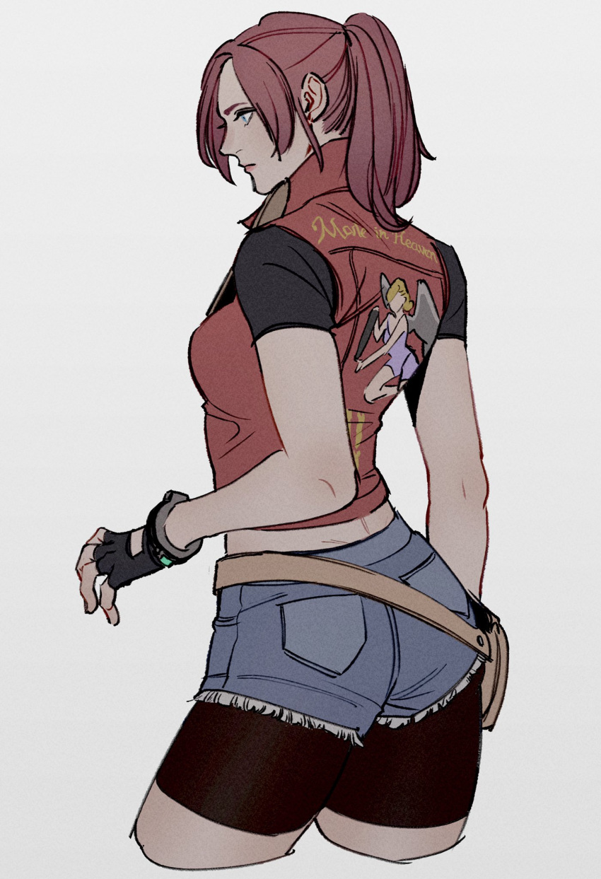 1girl bangs bike_shorts black_gloves black_shirt black_shorts blue_eyes breasts brown_hair claire_redfield cowboy_shot cropped_jacket denim denim_shorts fingerless_gloves from_behind gloves high_collar highres jacket long_hair looking_to_the_side medium_breasts midriff oimo_(oimkimn) parted_bangs ponytail red_jacket resident_evil resident_evil_2 shirt short_shorts short_sleeves shorts sleeveless sleeveless_jacket solo thigh_pouch white_background