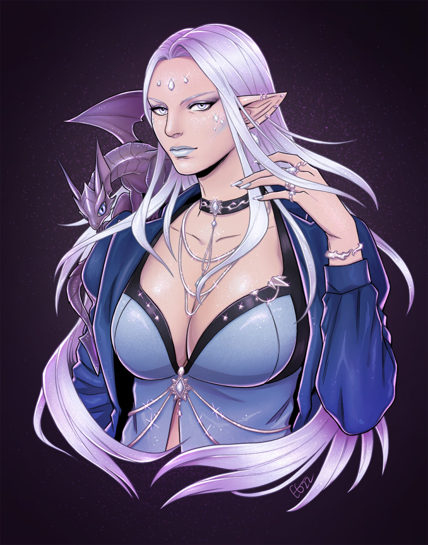 1girl bracelet breasts choker cleavage cropped_torso dragon ear_piercing earrings elezen elf final_fantasy final_fantasy_xiv grey_eyes grey_hair grey_lips highres jacket jewelry large_breasts long_hair long_sleeves looking_at_viewer necklace open_clothes open_jacket piercing pointy_ears puffy_long_sleeves puffy_sleeves purple_background ring silvertiger ysayle_dangoulain