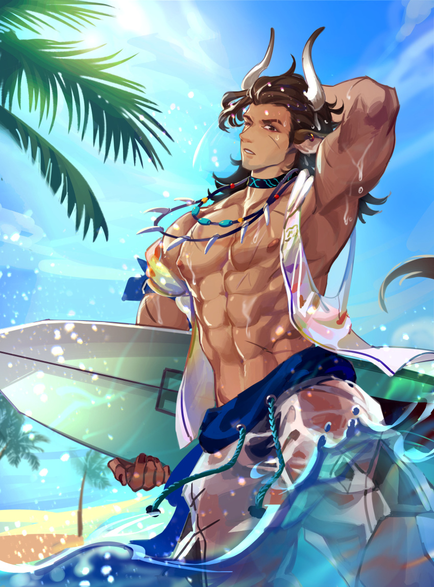 1boy abs absurdres animal_ears arknights bara bare_pectorals bare_shoulders beach blue_male_swimwear brown_hair bulge cow_boy cow_ears cow_horns crrispy_shark dark-skinned_male dark_skin day feet_out_of_frame highres horns large_pectorals male_focus male_swimwear matterhorn_(arknights) matterhorn_(beach_guard)_(arknights) muscular muscular_male navel nipples official_alternate_costume one_eye_closed open_clothes partially_submerged pectorals see-through_silhouette short_hair shorts solo stomach sunlight surfboard swim_briefs swim_trunks wet wet_shorts