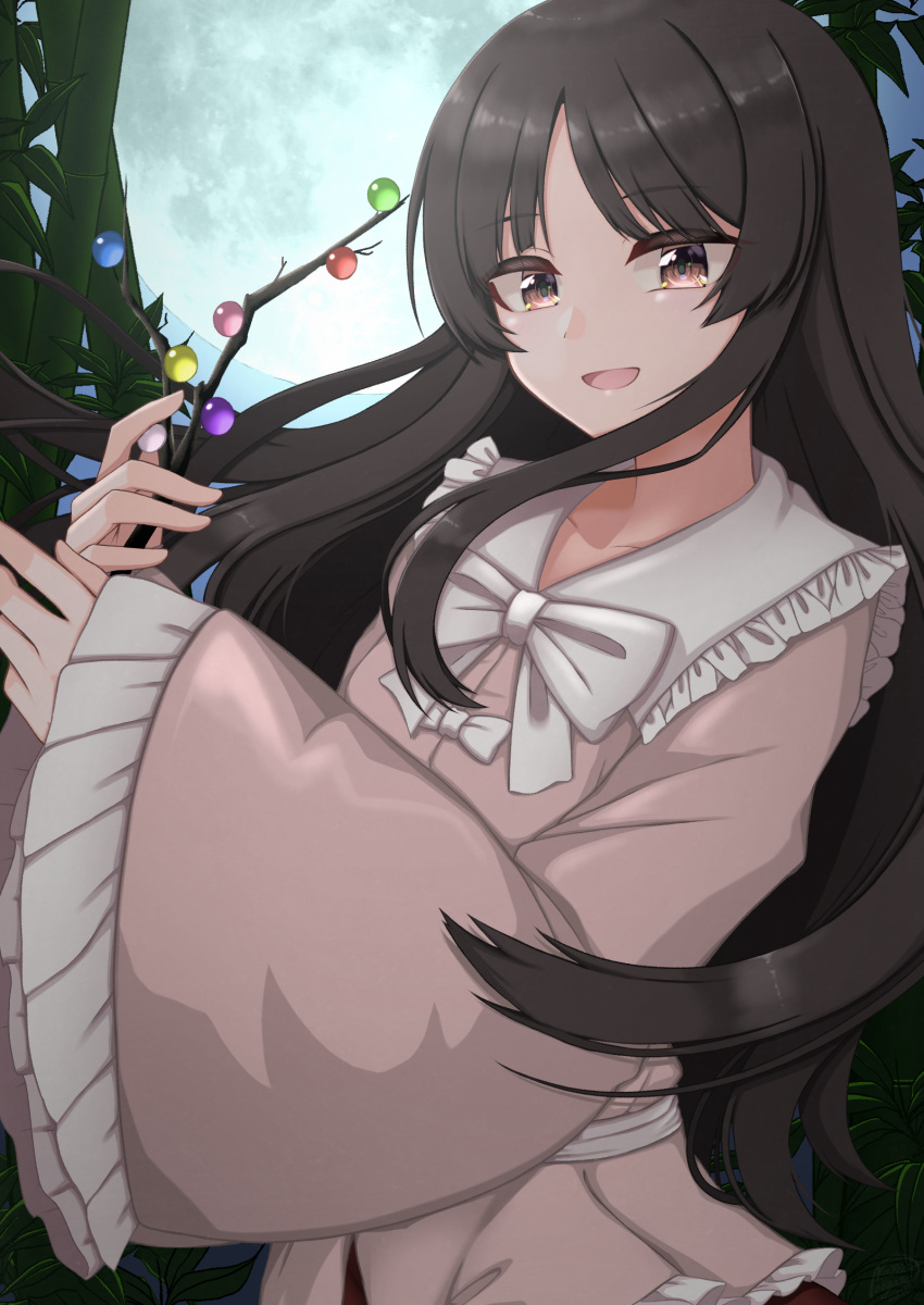 1girl bamboo bangs black_hair bow bowtie branch brown_eyes collar collarbone frilled_collar frilled_sleeves frills full_moon highres hime_cut holding houraisan_kaguya jeweled_branch_of_hourai long_hair long_sleeves looking_at_viewer mashiba_lei moon open_mouth outdoors sidelocks sky sleeves_past_wrists smile solo touhou white_bow wide_sleeves