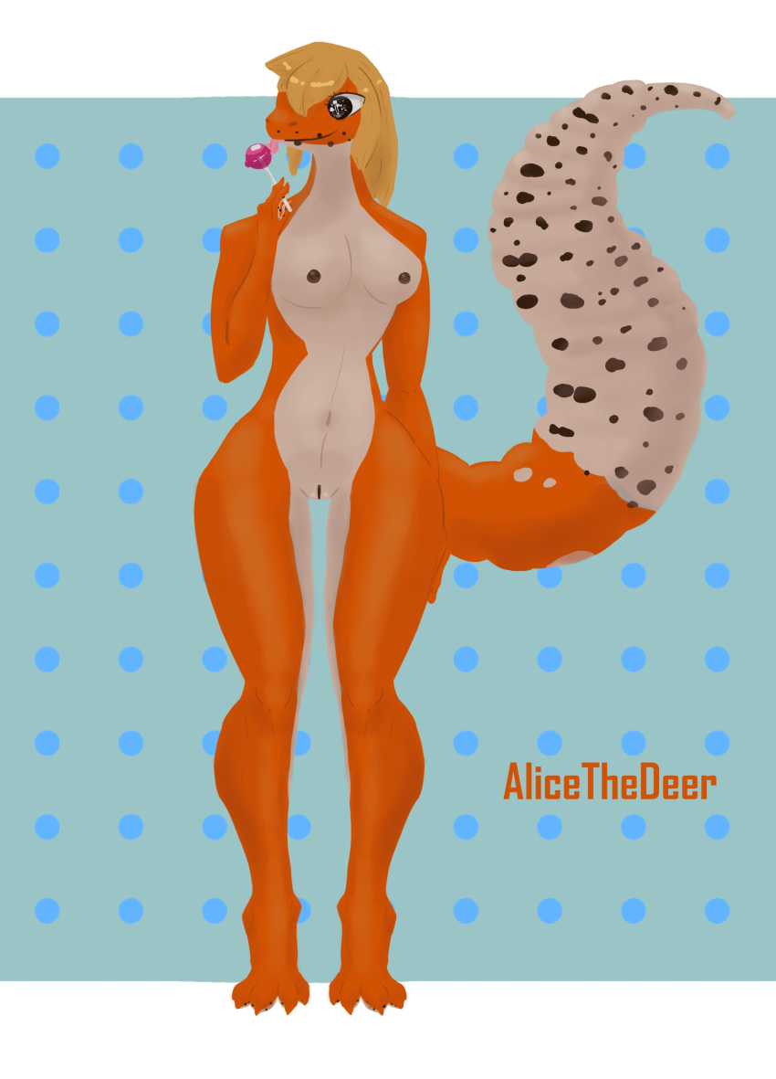 absurd_res alicethedeer anthro black_eyes blue_background breasts digital_media_(artwork) female gecko genitals hair hi_res licking_lollipop lizard nipples nude orange_body orange_tail pinup pose pussy reptile sai_(alicethedeer) scalie simple_background solo thick_tail thick_thighs