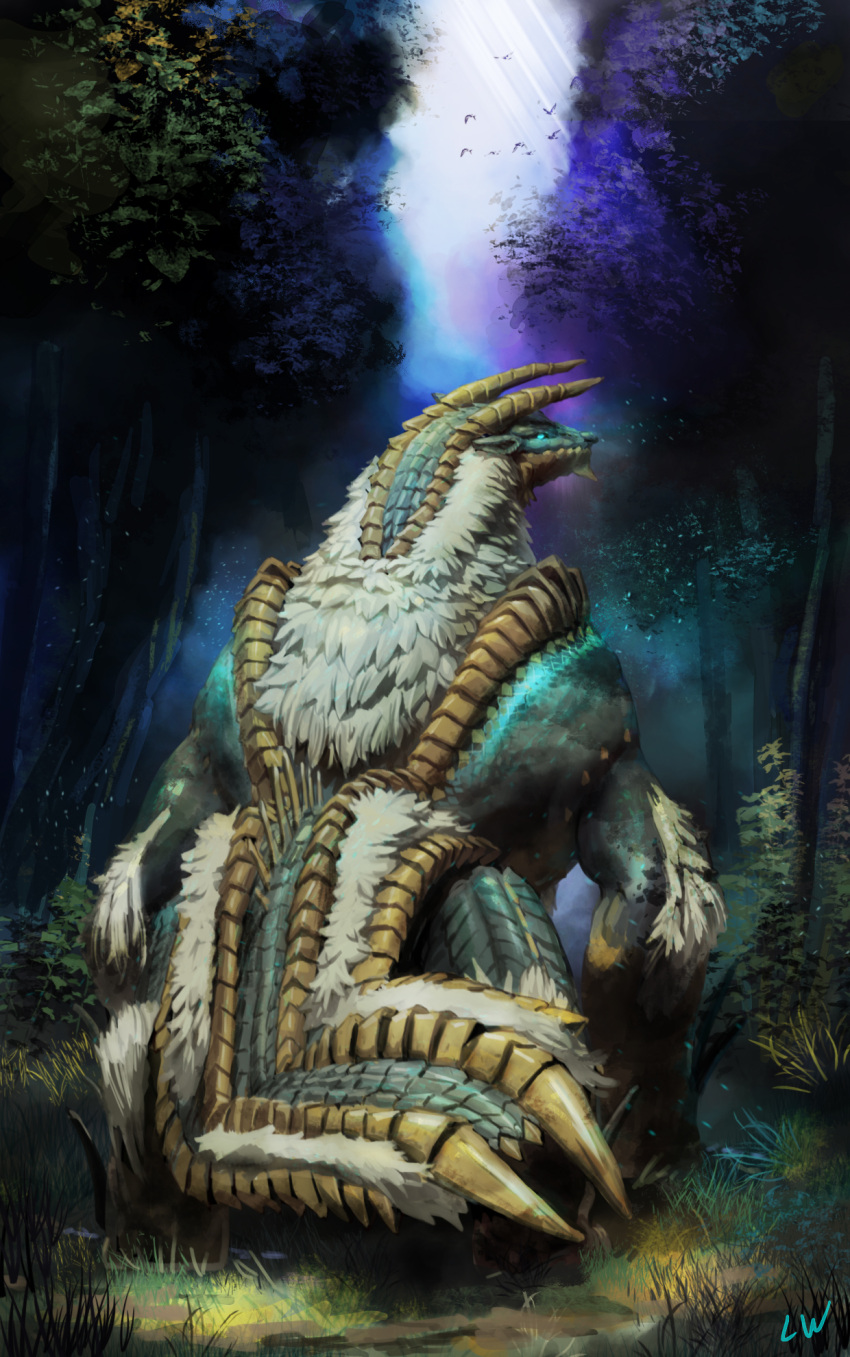 aqua_eyes forest from_behind full_body fur highres horns looking_at_viewer looking_back monster monster_hunter_(series) nature no_humans outdoors signature solo yi_gesang zinogre