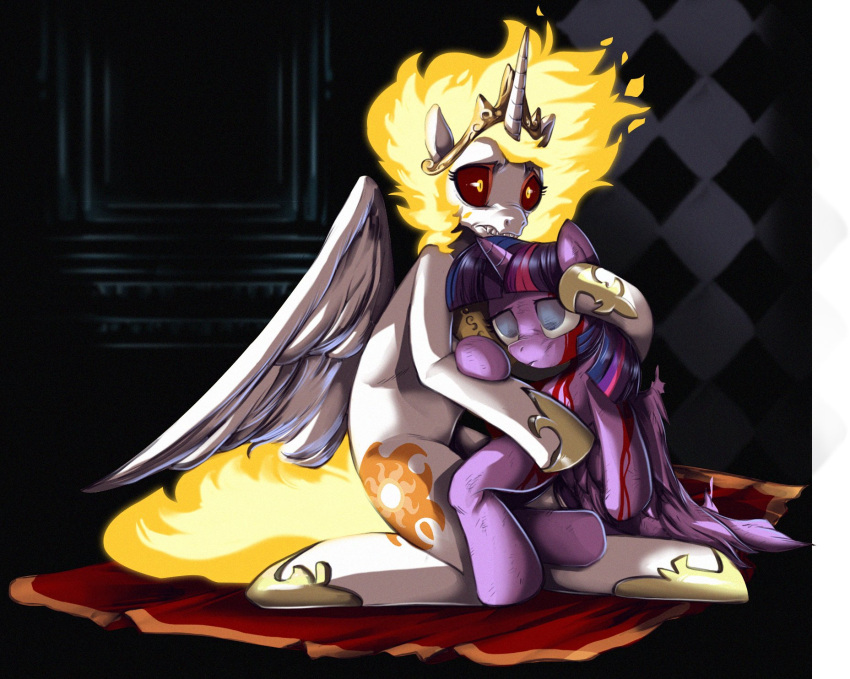 blood bodily_fluids broken_wing bruised carpet carrying crown daybreaker_(mlp) detailed_background duo embrace equid equine feathered_wings feathers female feral fire flaming_hair flaming_mane flaming_tail friendship_is_magic grey_eyes hi_res horn inside inspired_by_formal_art ivan_the_terrible_and_his_son_ivan kneeling mammal my_little_pony nauyaco pseudo_hair pseudo_mane purple_body red_sclera regret saint-walker_(artist) sharp_teeth teeth twilight_sparkle_(mlp) white_body winged_unicorn wings yellow_eyes