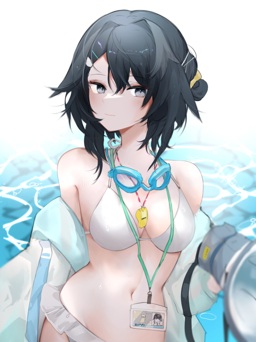 1girl absurdres arknights bangs bare_shoulders bikini black_hair breasts goggles goggles_around_neck grey_eyes gupipy hair_between_eyes highres jacket la_pluma_(arknights) la_pluma_(summer_flowers)_(arknights) lanyard large_breasts looking_at_viewer navel official_alternate_costume open_clothes open_jacket short_hair smile solo stomach swimsuit upper_body water white_bikini