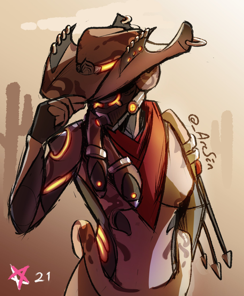 1girl absurdres alternate_costume arcafterdark arrow_(projectile) artist_name bioluminescence breasts cactus colored_skin cowboy_hat cowboy_shot hat hat_tip highres ivara_(warframe) midriff multicolored_skin neckerchief simple_background small_breasts solo twitter_username warframe