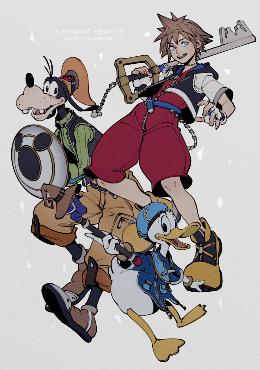 3boys belt bird black_vest blue_belt blue_eyes blue_headwear brown_footwear brown_hair brown_pants buck_teeth cropped_jacket dog donald_duck duck full_body goofy green_sweater grey_background hat highres holding holding_shield holding_staff holding_weapon hood hood_down hooded_jacket jacket jumpsuit keyblade kingdom_hearts long_sleeves looking_at_viewer male_focus multiple_boys no_pants oimo_(oimkimn) open_mouth orange_headwear over_shoulder pants red_jumpsuit shield short_hair short_sleeves smile sora_(kingdom_hearts) spiked_hair staff sweater teeth turtleneck turtleneck_sweater upper_teeth vest weapon weapon_over_shoulder yellow_wine_(food_fantasy)