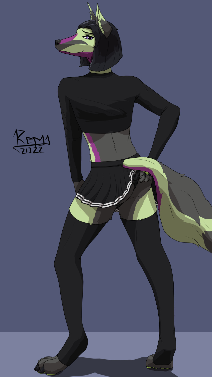 absurd_res anthro black_nose bottomwear canid canine cel_shading clothed clothing clothing_lift clothing_pull fox fur girly green_body green_fur grey_body grey_fur hair hi_res legwear male mammal purple_body purple_eyes purple_fur repgg shaded short_hair simple_background skirt skirt_lift solo standing thigh_highs underwear underwear_pull