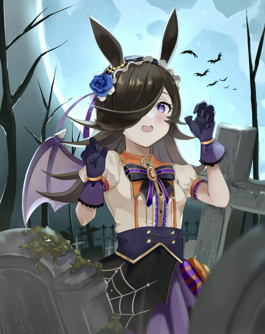 1girl animal_ears arms_up bat_wings blue_flower blue_rose brown_hair claw_pose fake_wings fang flower full_moon grave graveyard hair_over_one_eye highres horse_ears horse_girl long_hair looking_at_viewer maid_headdress make_up_in_halloween!_(umamusume) moon night official_alternate_costume open_mouth outdoors puffy_short_sleeves puffy_sleeves purple_eyes rice_shower_(make_up_vampire!)_(umamusume) rice_shower_(umamusume) rose short_sleeves small-wso6-bell solo spider_web_print tombstone umamusume wings