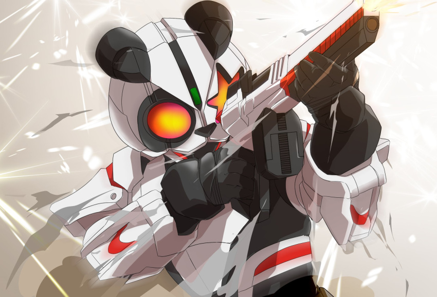 1boy aiming aiming_up armor black_bodysuit black_gloves bodysuit firing gloves gun handgun helmet highres kamen_rider kamen_rider_danpann kamen_rider_geats_(series) magnum_buckle magnum_shooter_40x male_focus miyabi_(037) panda rifle shoulder_armor star_(symbol) upper_body weapon